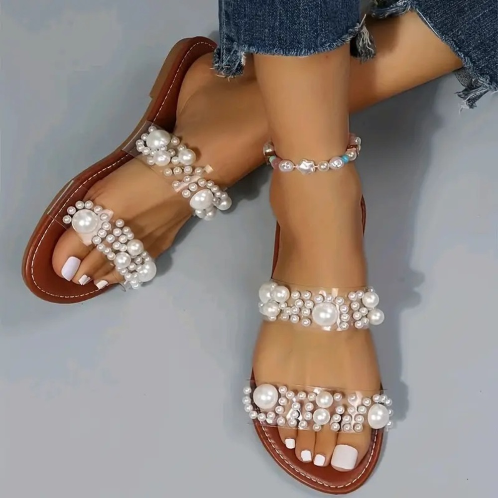 Women's Pearls Flat Slippers White Sandal Slides Size US 9.5